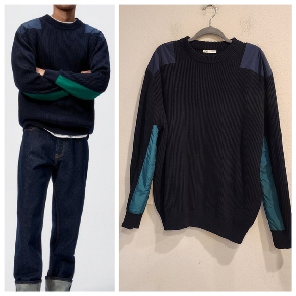 Zara Wool-Blend Navy Ribbed Green Blue contrast patches.  Size XL - Picture 1 of 14
